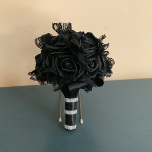 Black lace and black roses wedding bouquet